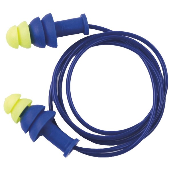 Sellstrom Non-Allergenic polymer Ear Plugs, Four Flange|Tapered Shape, Blue/Hi-Vis Green - S23422