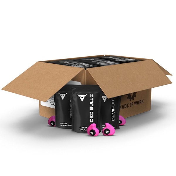 Decibullz Pink Custom Molded Earplugs in slimmed down packaging. 31 NRR, Simple DIY Process - PLG1-PNK-BULK-25