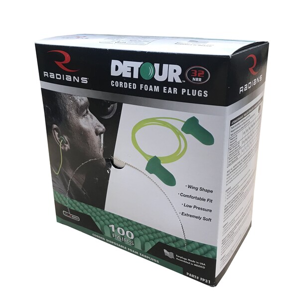 Radians Disposable Corded Ear Plugs, Wing Shape, NRR 32, Green - FP31