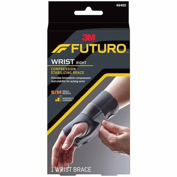Futuro Compression Stabilizing Wrist Brace Low Profile Aluminum, Nylon, Polyester, Silicone Right Hand Black Small, Medium, 12PK - 48400ENR