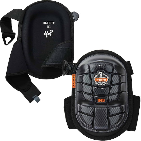 Ergodyne Knee Pad, Hard Shell, Gel, Foam Pad, Rubber Cap, Clip Closure, 2 Straps, Black, Universal - 345