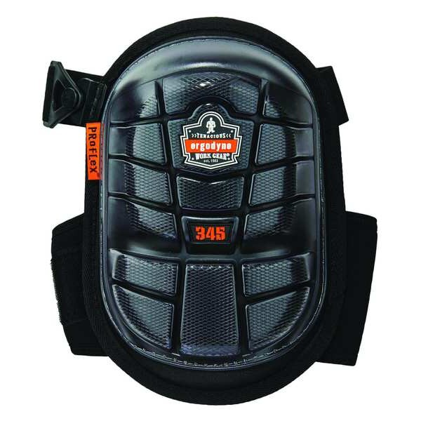 Ergodyne Knee Pad, Hard Shell, Gel, Foam Pad, Rubber Cap, Clip Closure, 2 Straps, Black, Universal - 345