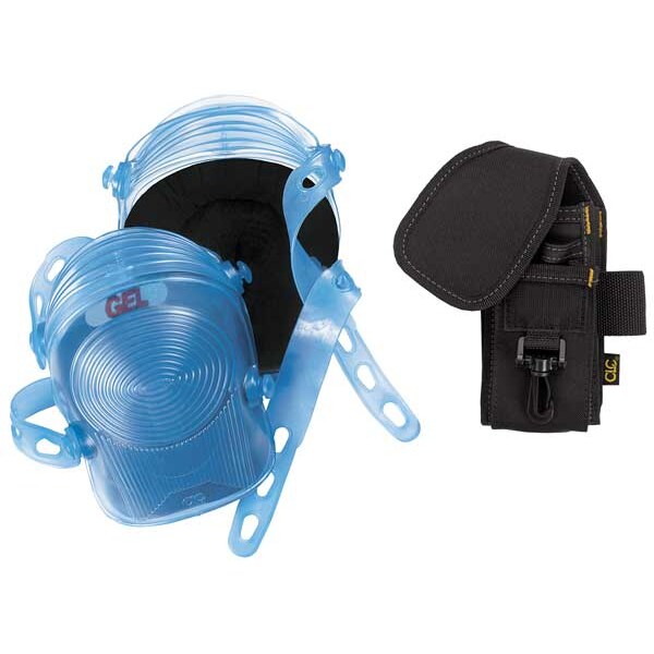 Clc Work Gear Knee Pad, Hard Shell, Foam Pad, Rubber Cap, Button and Loop Closure, 2 Straps, Black, Blue - PK6105