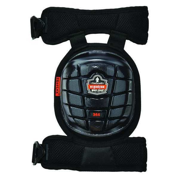 Ergodyne Knee Pad, Hard Shell, Gel, Foam Pad, Rubber Cap, Clip Closure, 2 Straps, Black, Universal - 344