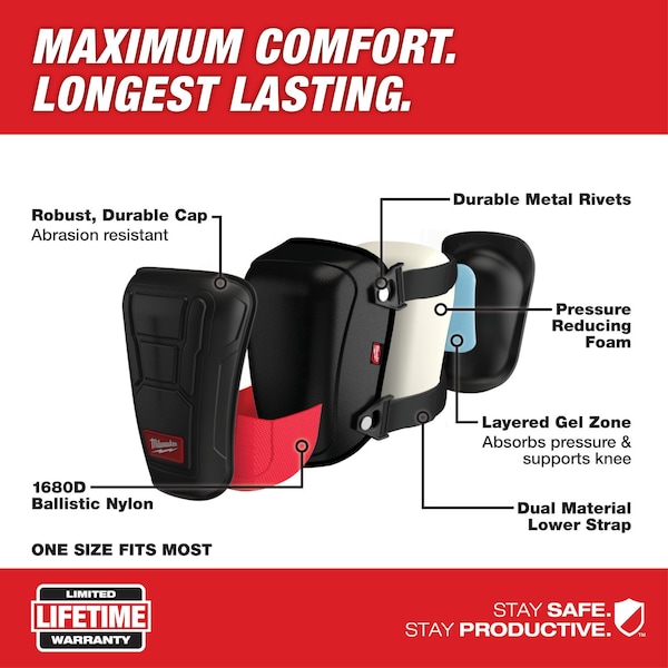 Milwaukee Tool Performance Knee Pad, Hard Shell, Plastic Pad, Fabric Cap, Buckle Closure, 2 Straps, Black/Red - 48-73-6030
