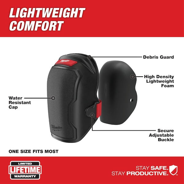 Milwaukee Tool Free-Flex Knee Pad, Flexible, Plastic Pad, Foam Cap, Buckle Closure, 1 Straps, Black/Red, Universal - 48-73-6000