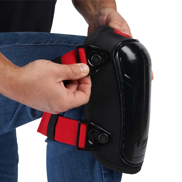 Milwaukee Tool Hard Cap Gel Knee Pad, Hard Gel, Gel, Plastic Pad, Fabric Cap, Buckle Closure, 2 Straps, Black/Red - 48-73-6010
