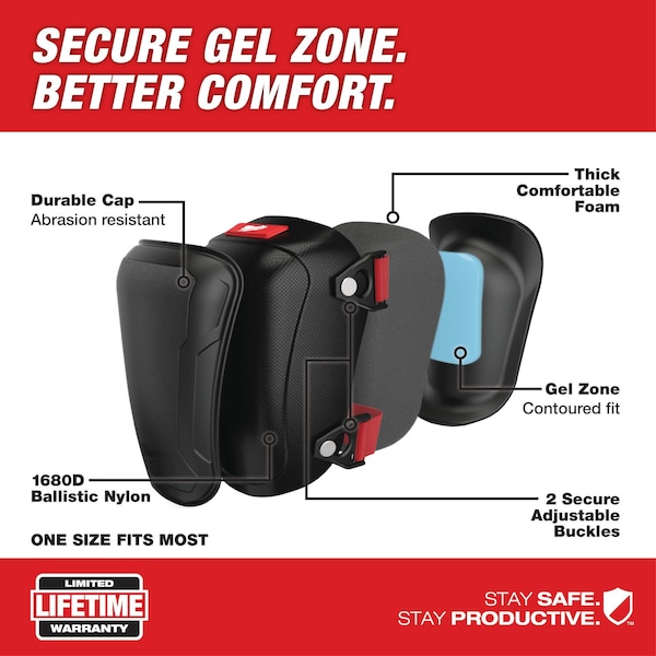 Milwaukee Tool Hard Cap Gel Knee Pad, Hard Gel, Gel, Plastic Pad, Fabric Cap, Buckle Closure, 2 Straps, Black/Red - 48-73-6010