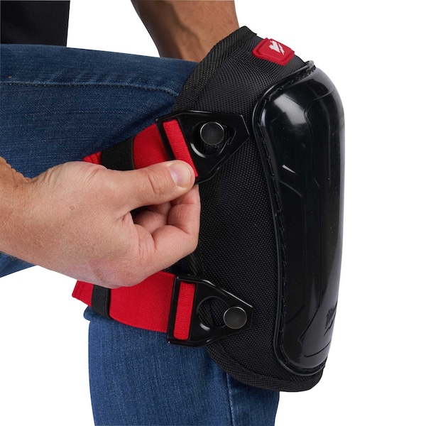 Milwaukee Tool Hard Cap Gel Knee Pad, Hard Gel, Gel, Plastic Pad, Fabric Cap, Buckle Closure, 2 Straps, Black/Red - 48-73-6010