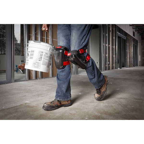 Milwaukee Tool Hard Cap Gel Knee Pad, Hard Gel, Gel, Plastic Pad, Fabric Cap, Buckle Closure, 2 Straps, Black/Red - 48-73-6010