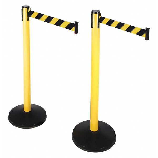 Retracta-Belt Prime Barrier Post with Belt, Yellow, 10 ft Length, 40 in Post Height, No Legend, Yellow - 101YA-BYD-2PK