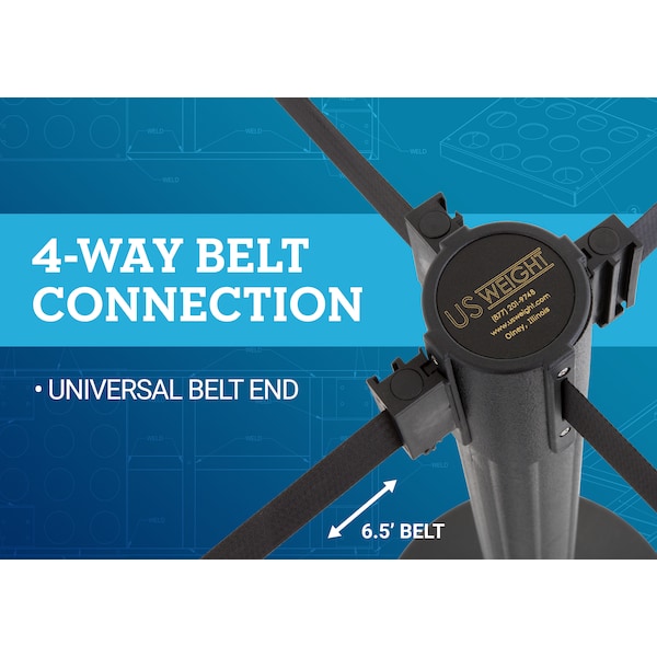 Us Weight Barrier Post with Belt, Black, 77 in Length, 38 1/2 in Post Height, No Legend, Unfinished - U2000