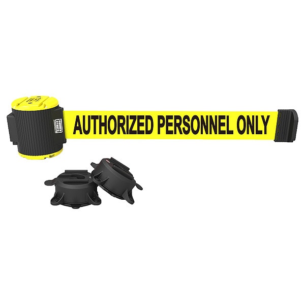 Banner Stakes Retractable Belt Barrier, Yellow, 15 ft Length, Authorized Personnel Only - PL4109
