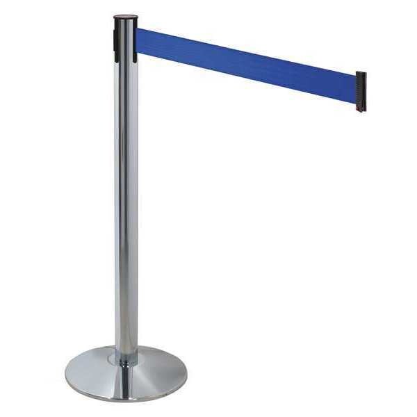 Retracta-Belt Barrier Post with Belt, Gray, 10 ft Length, 40 in Post Height, No Legend, Polished chrome - 330PAPC-BL