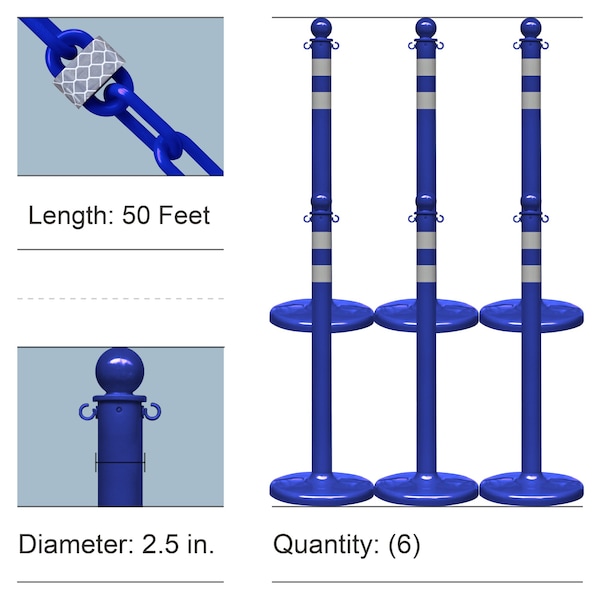 Mr. Chain Blue Reflective Medium Duty Stanchions and Reflective Chain - 72142-6
