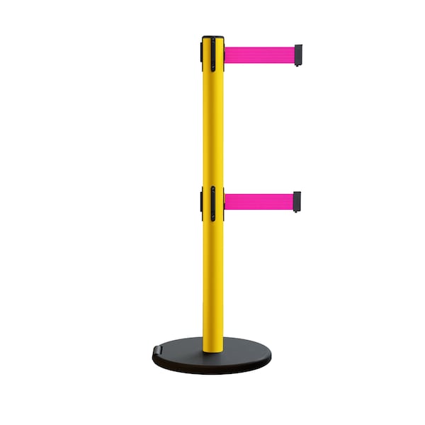 Montour Line Retractable Belt Dbl Rolling Stanchion 2.5ft Yellow Post  11ft. Fl.Pnk - P400DRL-YW-FPK-110