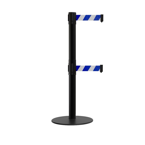 Montour Line Stanchion Dual Belt Barrier Flat Base Black Post 11ft.Blu/Wh Belt - S400D-BK-BWD-110