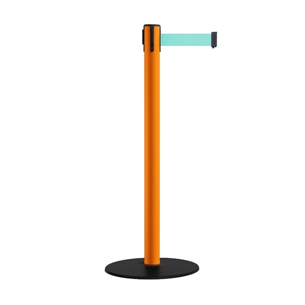 Montour Line Retractable Belt Stanchion, Low Base, 2.5" Orange Post 11' Lt Grn Belt - S400-OR-LGN-110