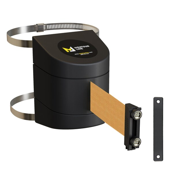 Montour Line Retractable Belt Barrier Black Clamped Wall Mount, 15' Brown Belt (M) - PWM200-BK-BN-C-M-150