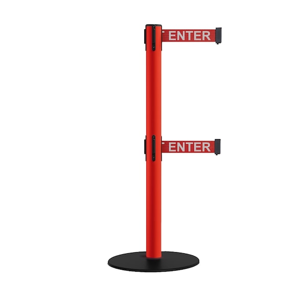 Montour Line Retractable Dbl Belt 2.5 Red Post , Low Base, 9' R.Cau.Belt - S400D-RD-CAURW-90