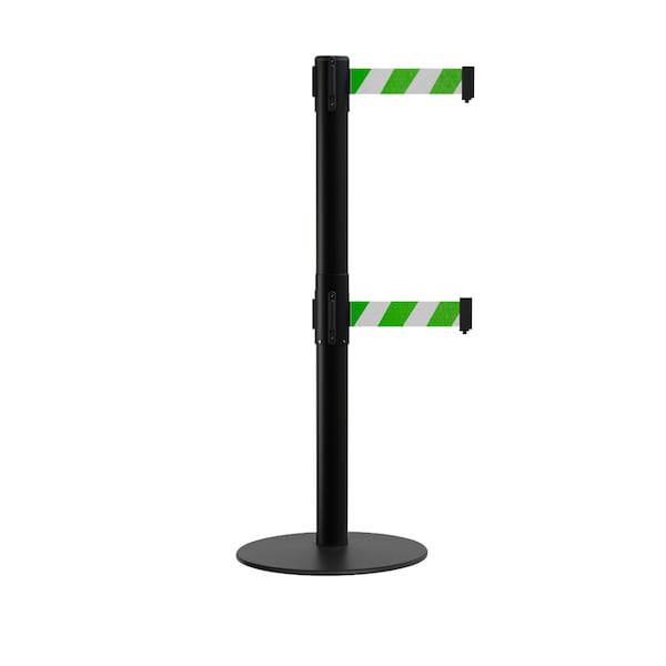 Montour Line Stanchion Dual Belt Barrier Flat Base Black Post 7.5ftGrn/Whi Belt - S400D-BK-GWD-75