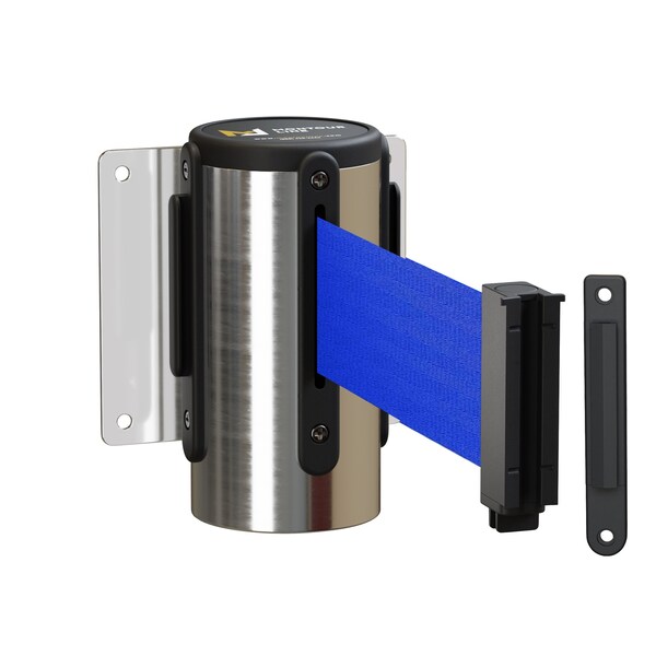 Montour Line Retr. Belt Barrier Wall Mnt Pol. Stainless Case Fxd, 8.5' Blue Belt - MWM100-PS-BL-F-S-85