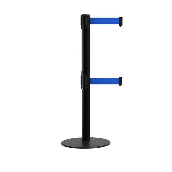 Montour Line Stanchion Dual Belt Barrier Flat Base Black Post 13ft. Blue Belt - S400D-BK-BL-130