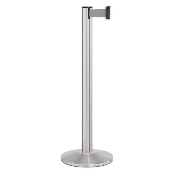 Lavi Industries Barrier Post with Belt, Silver, 10 ft Length, 40 in Post Height, No Legend, Satin Chrome - 50-3000A/SA/GY