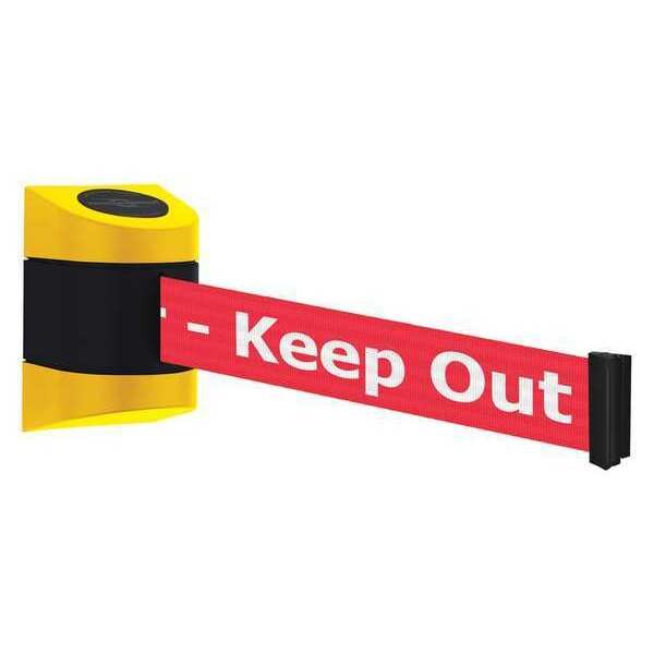 Tensabarrier Barrier Post with Belt, Yellow, 15 ft Length, 5-1/2" Post Height, Danger Keep Out, Unfinished - 897-15-S-35-NO-RHX-C