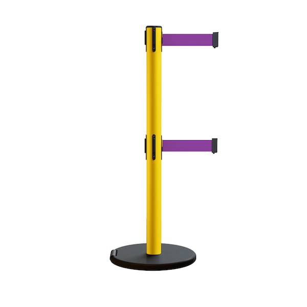 Montour Line Retractable Belt Dbl Rolling Stanchion 2.5ft Yellow Post  11ft. Purple - P400DRL-YW-PE-110