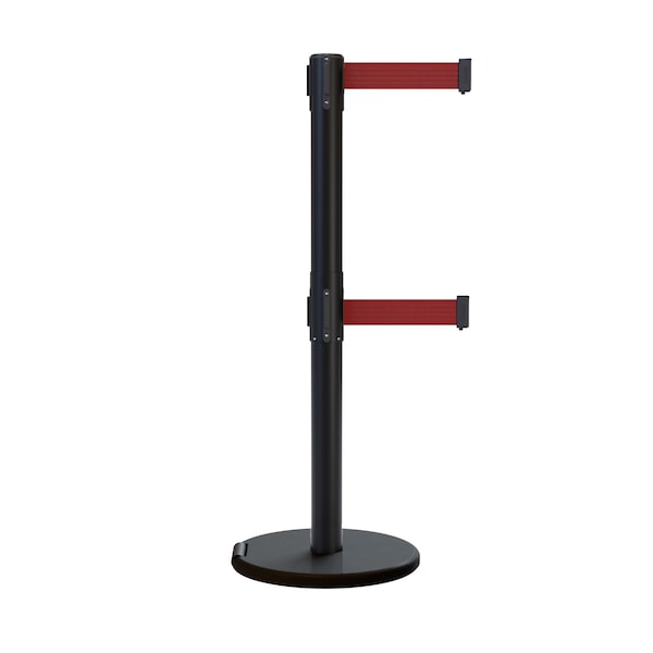 Montour Line Retractable Double Belt Rolling Stanchion, Maroon, 9 ft Length, 2.5 ft Post Height - P400DRL-BK-MN-90