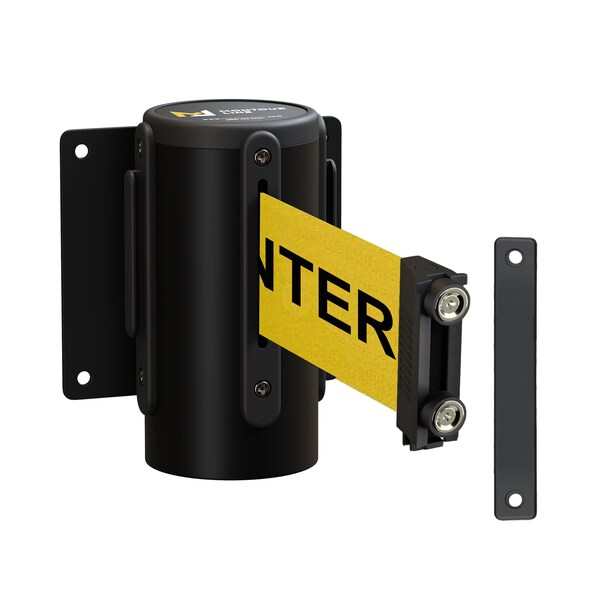 Montour Line Retr. Belt Barrier Fxd Black Metal Wall Mt 8.5' Cau.Belt - WM115-BK-CAUYB-F-M-85