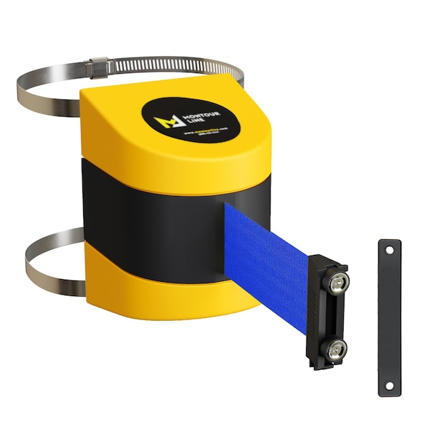 Montour Line Retractable Belt Barrier YW Clamped Wall Mount, 9' Blue Belt (M) - PWM200-YW-BL-C-M-90