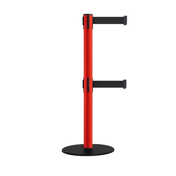Montour Line Retractable Dbl Belt 2.5" Red Post , Low Base, 11' Black Belt - S400D-RD-BK-110