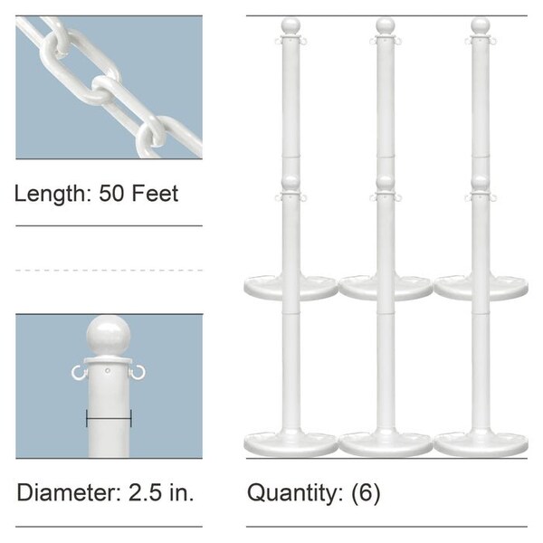 Mr. Chain White Light Duty Stowable Stanchion Kit and Chain, 6PK - 73501-6
