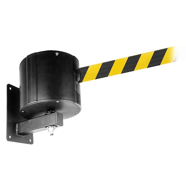 Queue Solutions WallPro 750, Black, 75' Yellow/Black Diagonal Stripe Belt - WP750B-YB750