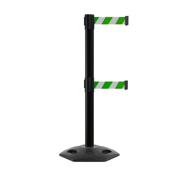 Montour Line Stanchion Dual Belt Barr. Rubber Base Black Post 7.5ftGrn/Wh Belt - P400DRB-BK-GWD-75
