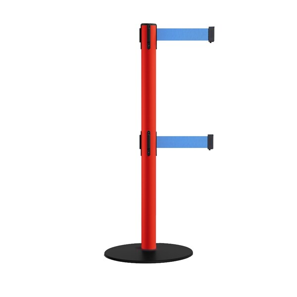 Montour Line Retractable Dbl Belt 2.5" Red Post , Low Base, 11' Lt Blu Belt - S400D-RD-LBL-110