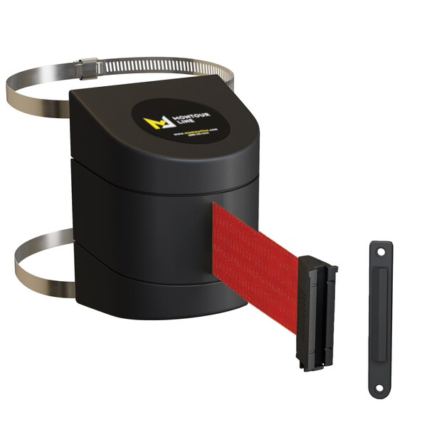 Montour Line Retractable Belt Barrier Black Clamped Wall Mount, 15ft. Red Belt (F) - PWM200-BK-RD-C-S-150