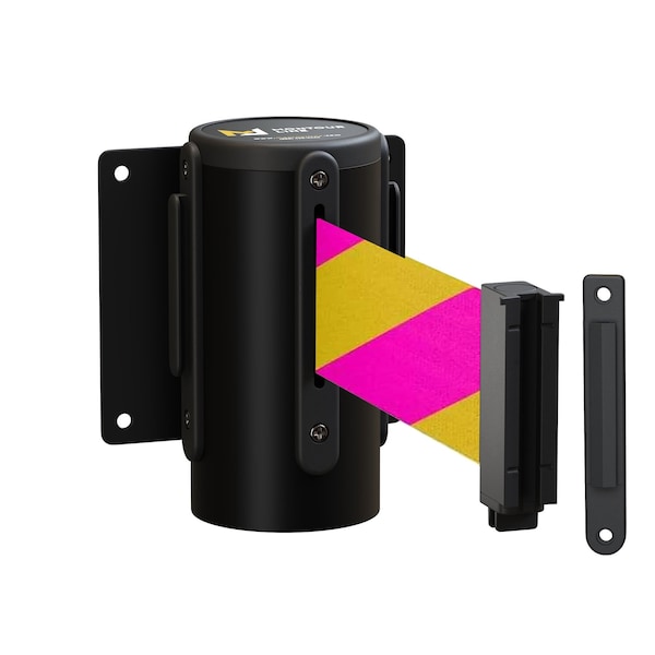 Montour Line Retr. Belt Barrier Black Metal Recessed Wall Mt, 11ft. Mag/Ye Belt (M) - WM115-BK-MYD-RC-M-110