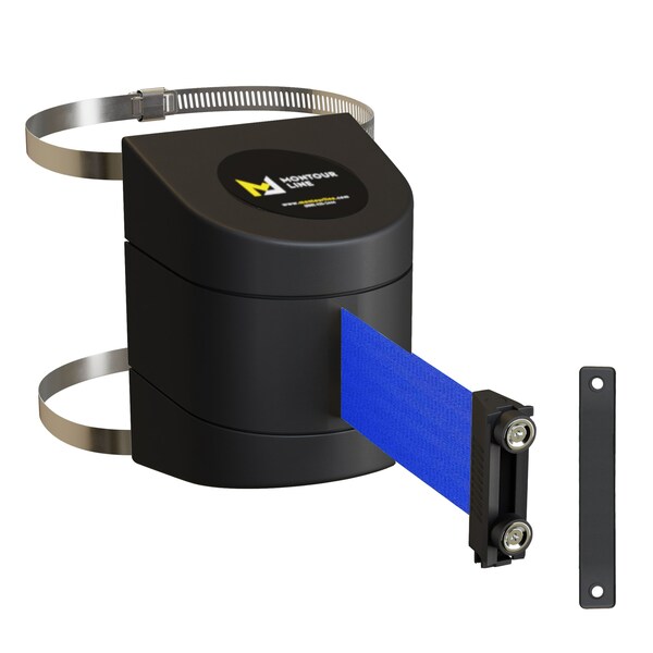 Montour Line Retractable Belt Barrier Black Clamped Wall Mount, 15' Blue Belt (M) - PWM200-BK-BL-C-M-150