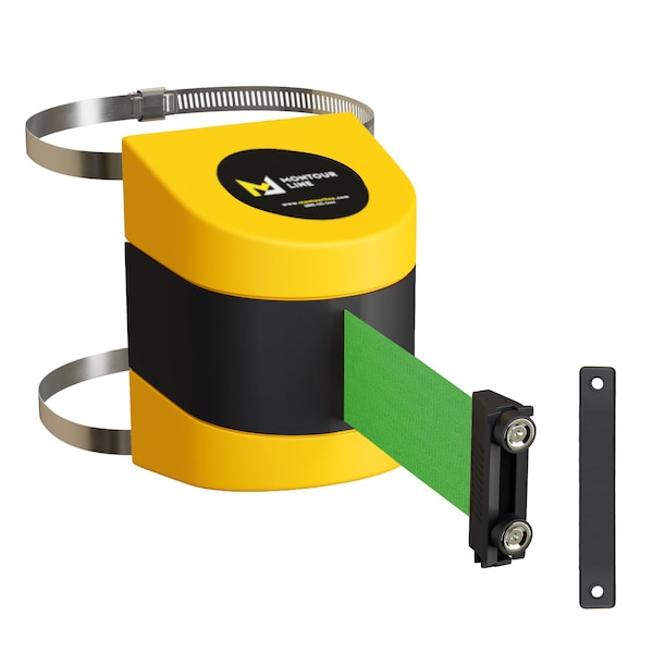 Montour Line Retractable Belt Barrier Yellow Clamped Mount, 25ft. Green Belt (M) - WMX160-YW-GN-C-M-250