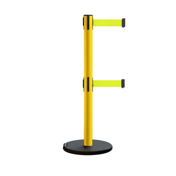Montour Line Retractable Belt Dbl Rolling Stanchion 2.5ft Yellow Post  11ft. Fl.Yel - P400DRL-YW-FYW-110