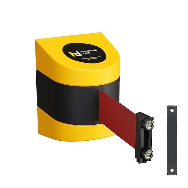 Montour Line Retractable Belt Barrier YW Magnetic Wall Mount 20' Maroon Belt (M) - PWM300-YW-MN-M-M-200
