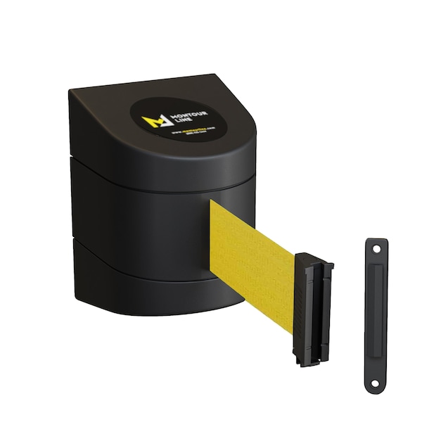 Montour Line Retractable Belt Barrier Black Fixed Wall Mount 25' YW Belt (F) - PWM300-BK-YW-F-S-250