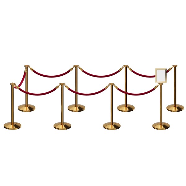Montour Line Stanchion Post & Rope Kit Pol.Brass, 8FlatTop 7Maroon Rope 8.5x11V Sign - C-KIT-7-PB-FL-1-TAPPED-1-8511-V-7-PVR-MN-PB