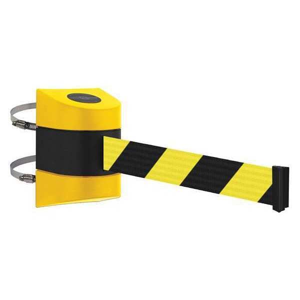 Tensabarrier Barrier Post with Belt, Yellow, 24 ft Length, 7-1/2" Post Height, No Legend, Unfinished - 897-24-C-35-NO-D4X-C