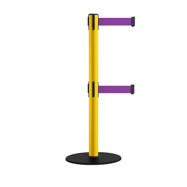 Montour Line Retractable Dbl Belt 2.5" YW Post , Low Base, 9' Purple Belt - S400D-YW-PE-90