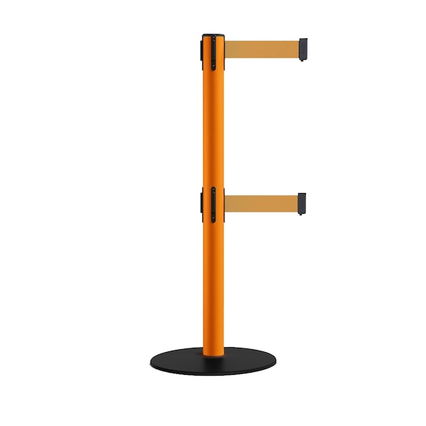 Montour Line Retractable Dbl Belt 2.5" Orange Post , Low Base, 11' Brown Belt - S400D-OR-BN-110