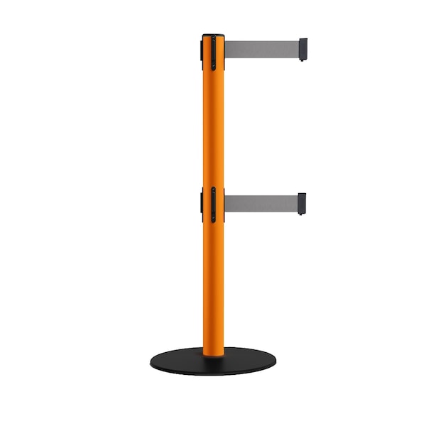 Montour Line Retractable Dbl Belt 2.5" Orange Post , Low Base, 11' Lt Gry Belt - S400D-OR-LGY-110